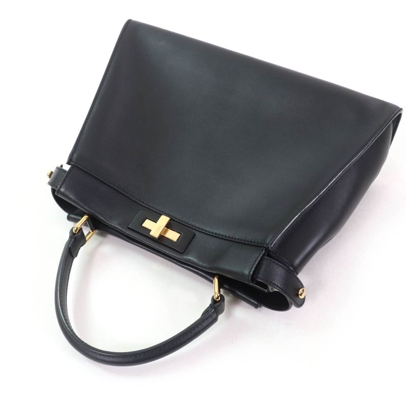 Fendi 8bn290 Peekaboo Regular Nappaleather 2WAY Shoulder Handbag Black Gold