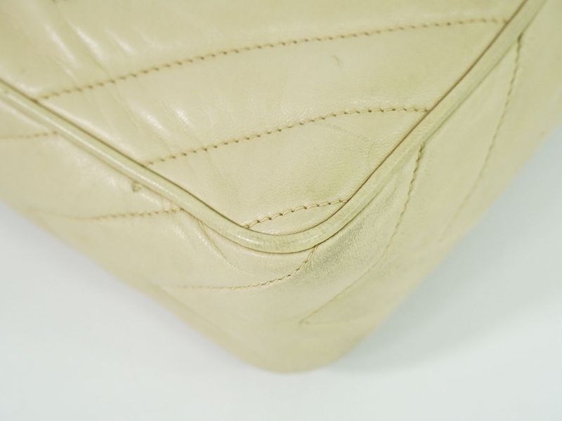 Authentic Chanel Coco Mark Tassel Shoulder Bag Pochette Lambskin Leather Beige