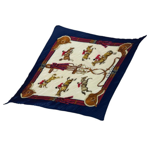 Hermes Scarf Pleated Silk Jumping Horse Riding Horse Navy And Red With Box