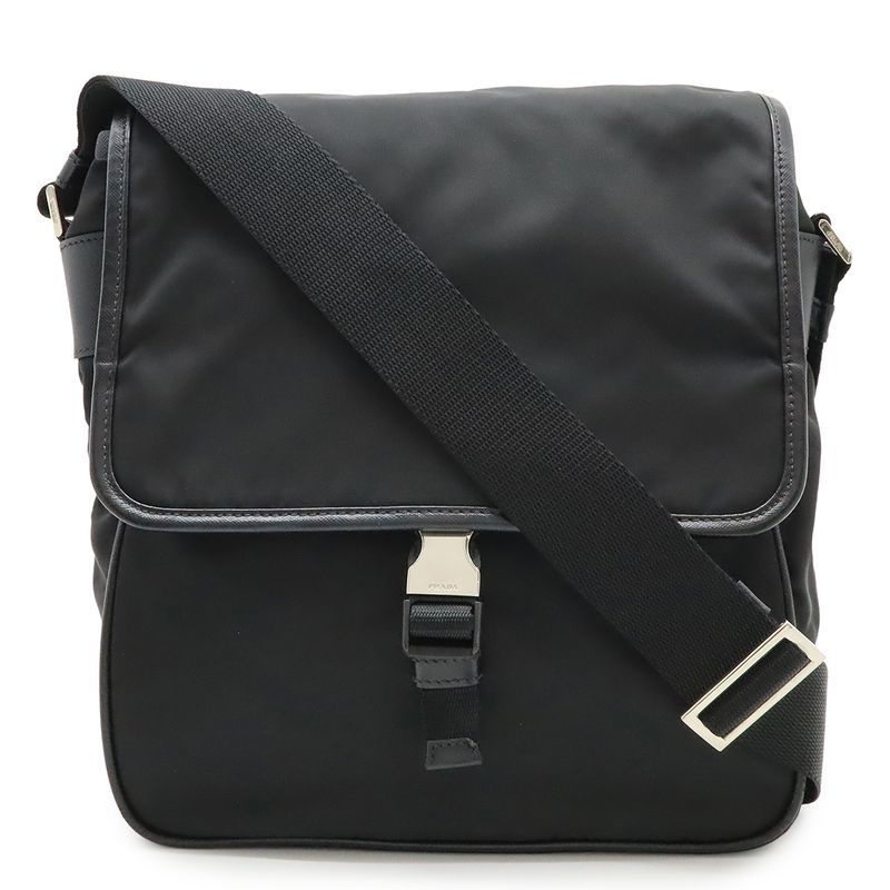 Prada Shoulder Bag Messenger Bag Crossbody Nylon Leather NERO Black Silver