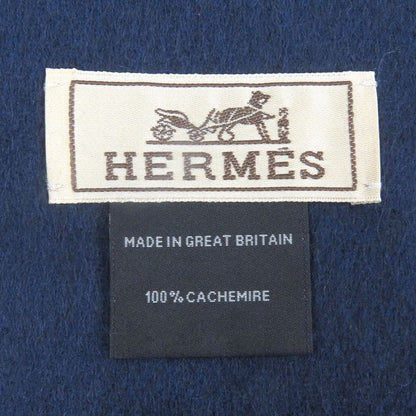 Hermes 100% Cashmere Logo Embroidery Embroidered Fringe Scarf Shawl Navy With