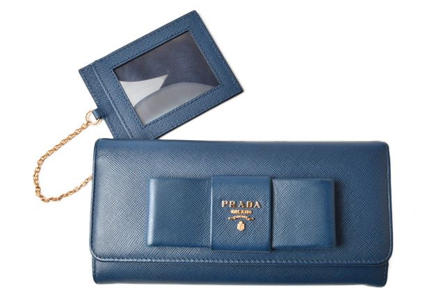 Prada Long Wallet With Pass Case 1mh132 Blue Saffiano Shape Pressed Leather