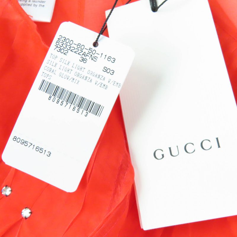 Gucci 2020 633322 100% Silk Sheer Long Sleeve Blouse Top With Rhinestones Red