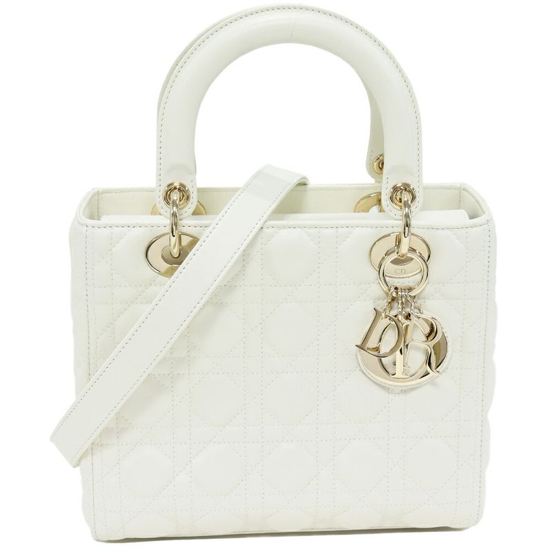 Christian Dior Handbag Shoulder Bag Lady Dior Medium Lambskin White Gold
