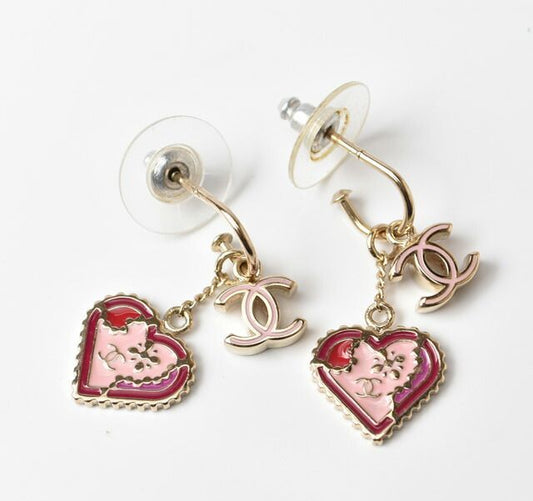 Chanel Earrings Chanel Swing Earrings CC Mark Heart Motif Pink Gold