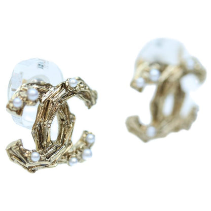 Chanel 14P GP Pearl Coco Mark Earrings Accessories Gold Ladies