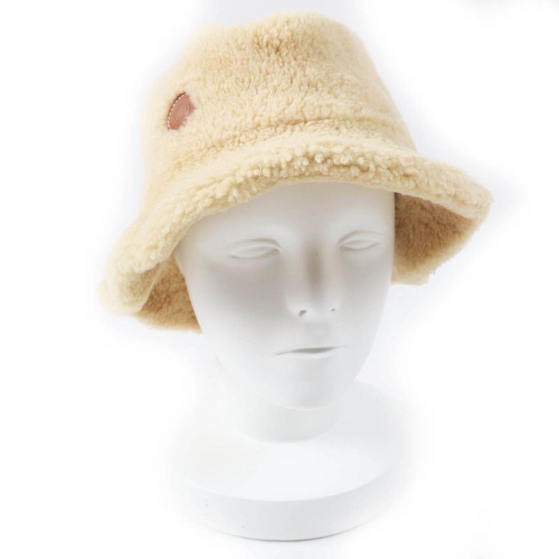 Hermes Fauve Mouton Bucket Hat/hat With Leather Patch Beige 57 Made In France