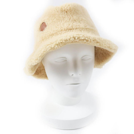 Hermes Fauve Mouton Bucket Hat/hat With Leather Patch Beige 57 Made In France