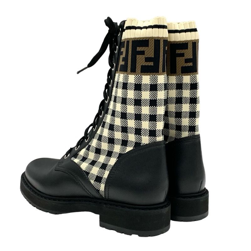 Fendi Rococo Boots Short Boots Shoes Zucca Check Lace Up Leather Fabric Black