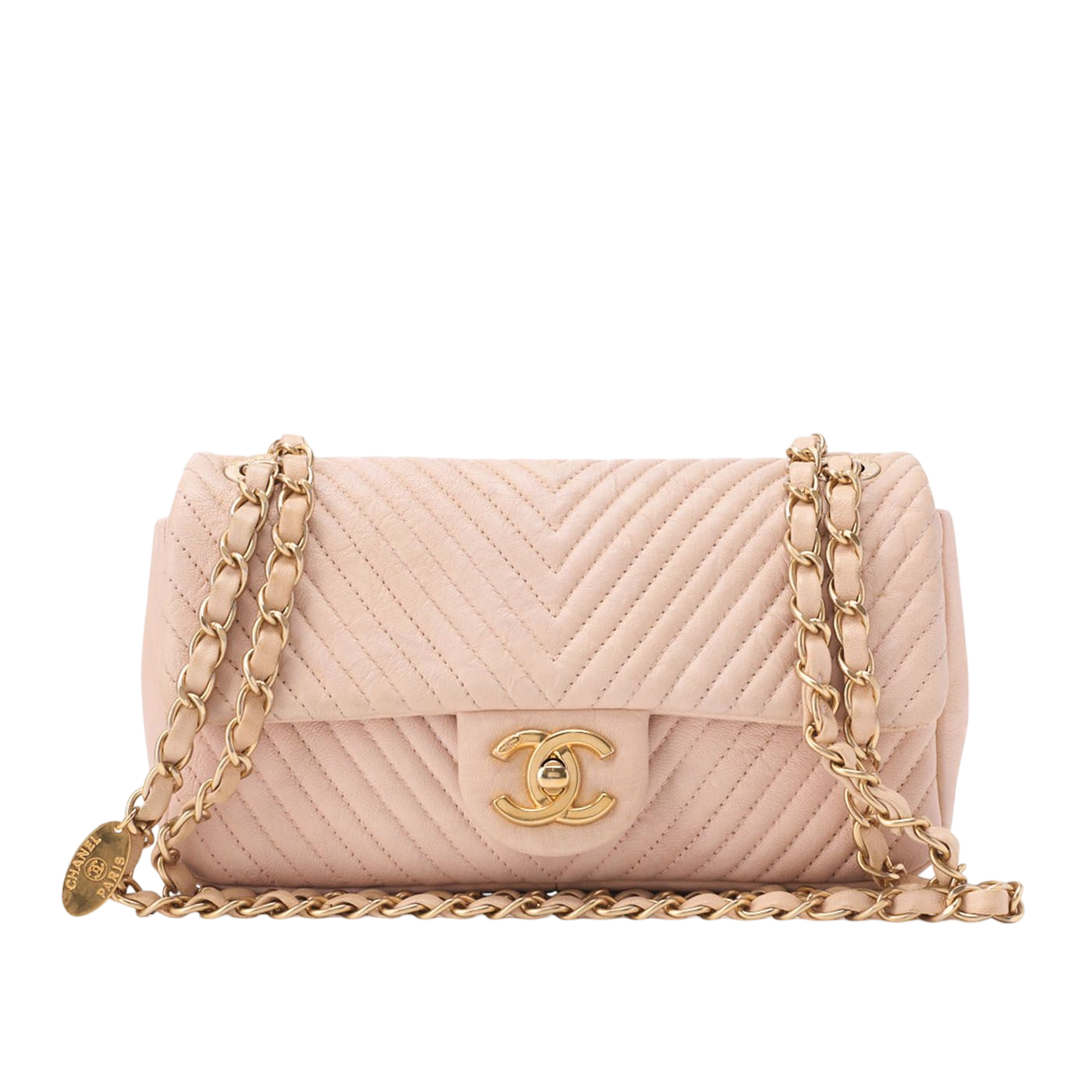 Chanel Shoulder Bag Calfskin V-stitched Beige Turnlock Single Flap With Gold