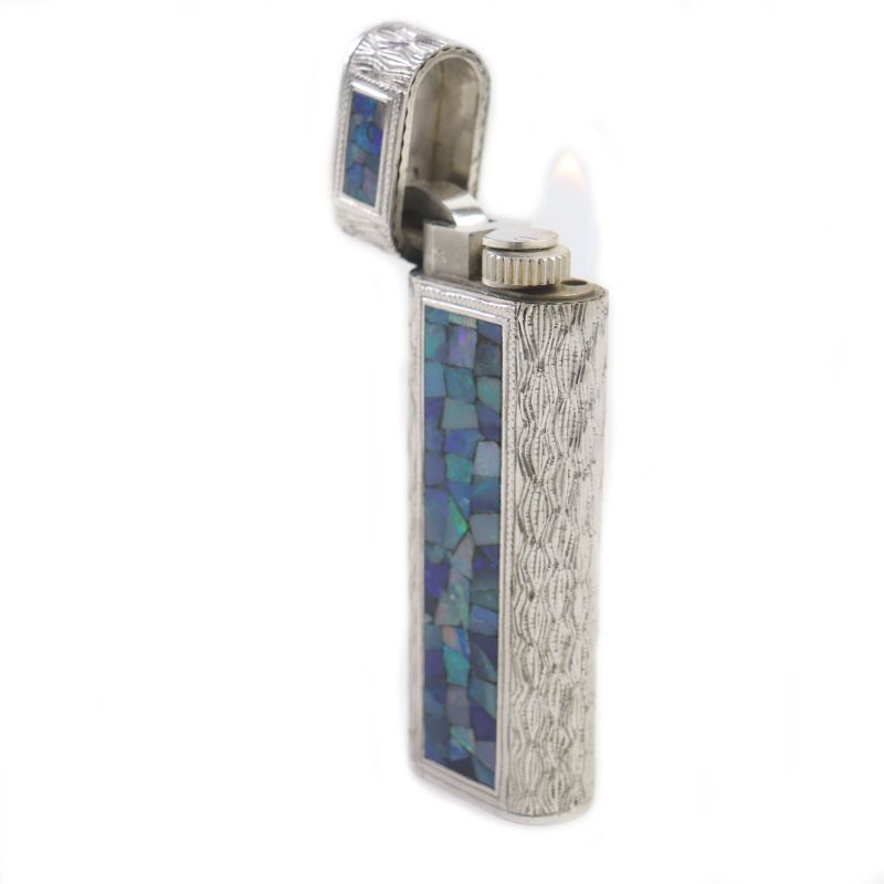 Cartier Oval Opal Mosaic Outer Jacket Roller Gas Lighter Silver Blue Men's