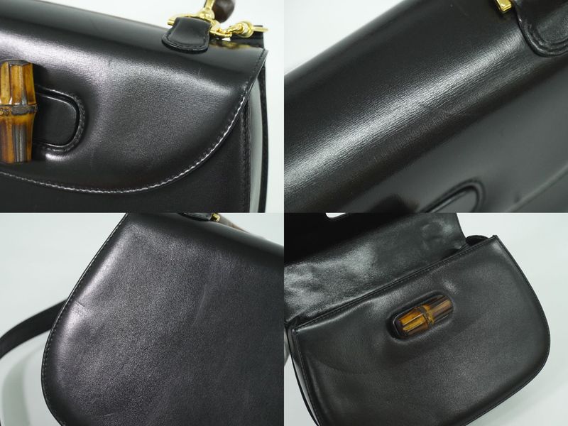 Authentic Gucci Bamboo 2WAY Shoulder Bag Handbag Pochette Leather Black Bamboo
