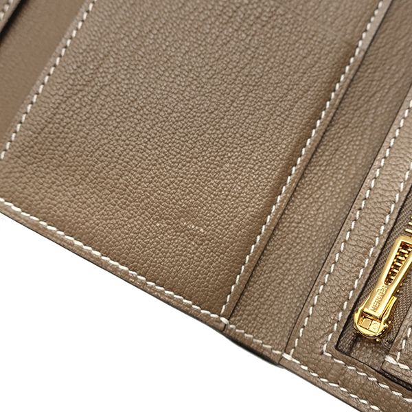 Hermes Trifold Wallet Bearn Combine Chèvre Etoupe Gold Hardware Glazed U
