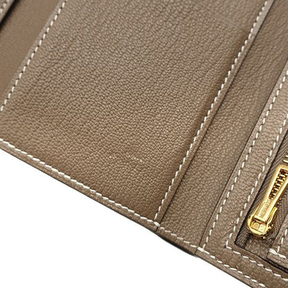 Hermes Trifold Wallet Bearn Combine Chèvre Etoupe Gold Hardware Glazed U