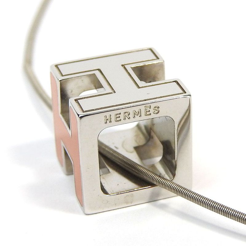 Hermes Necklace Caged Ash H Cube Orange Silver Plated Pendant Accessory Small