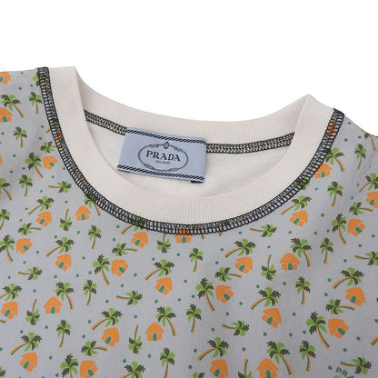 Prada Cotton All-over Patterned Switched Short Sleeve Cut And Sewn Top Women's