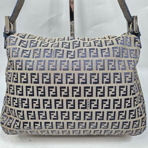 Fendi Mamma Zucca Bucket Baguette Navy Tan Flap Bag Purse Tote FF
