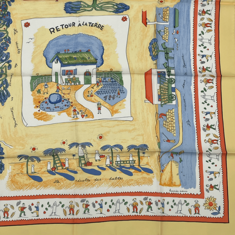 Hermes Carre 90 RE TOUR A LA Terre Homeward Bound Yellow 100% Silk Scarf