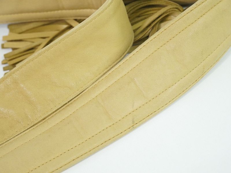 Authentic Chanel Coco Mark V Stitch Tassel Shoulder Bag Pochette Leather Beige