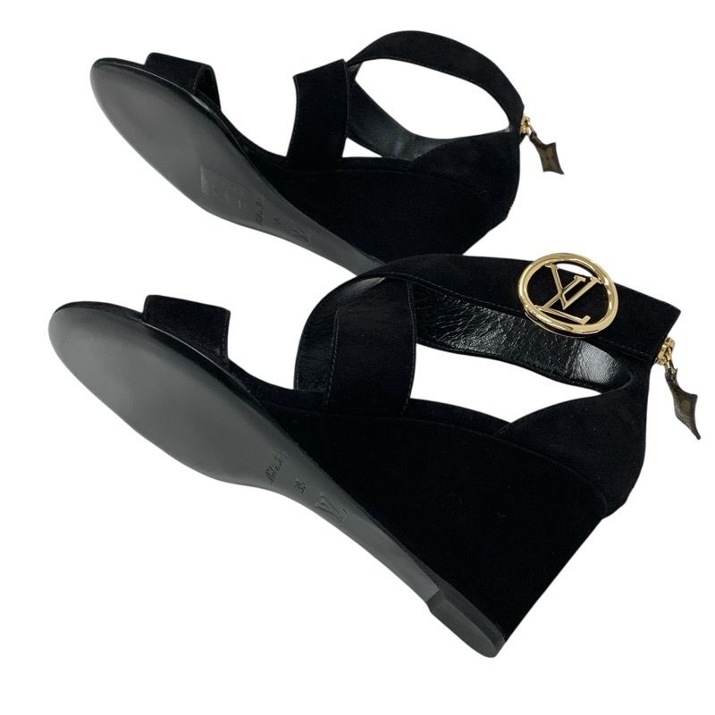 Louis Vuitton Horizon Line Sandals Shoes Suede Black Gold Lvhardware Wedge Sole