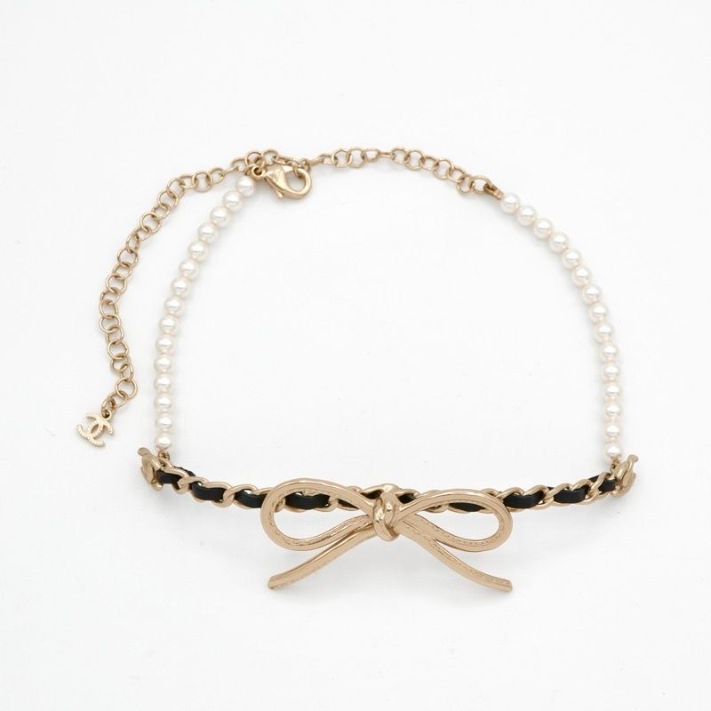 Chanel Necklace Pendant Choker Gold Coco Mark Ribbon Chain Lambskin