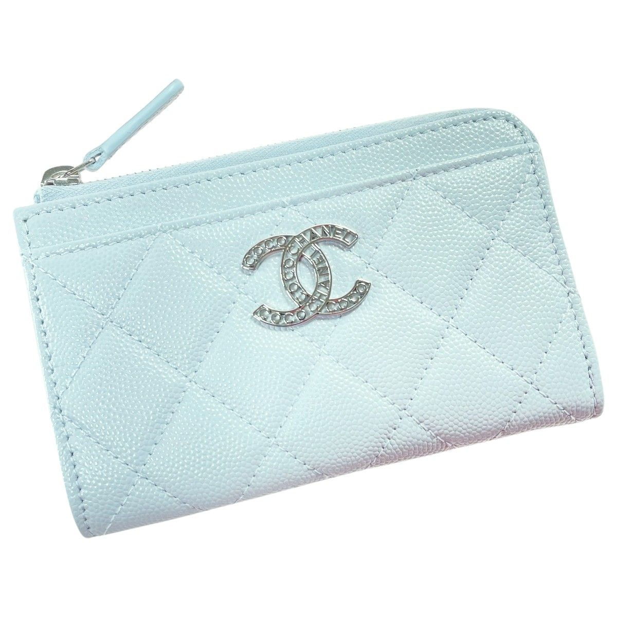 Chanel Matelasse Card Case Ap3836 Light Blue Coco Mark Caviar Skin Coin Case