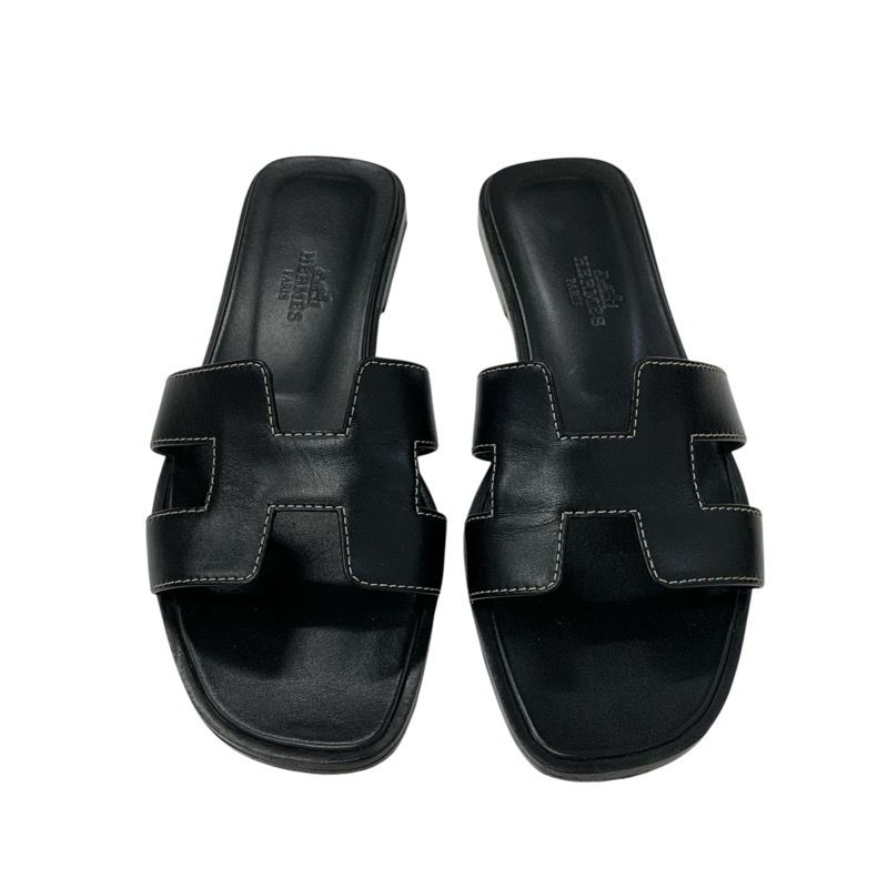 Hermes Oran Sandals Shoes Leather Black Flat Sandals Mules
