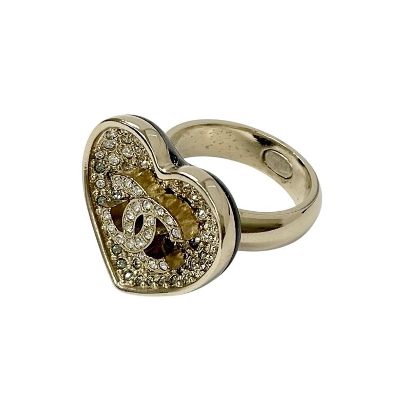 Chanel Ring Gold Black Coco Mark Heart Rhinestone
