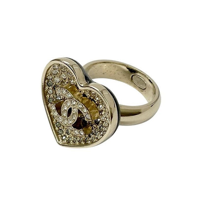 Chanel Ring Gold Black Coco Mark Heart Rhinestone