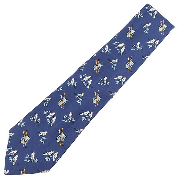 Hermes Necktie 9cm (3.54in) Silk Navy Sparrow Total Animal Pattern Bird