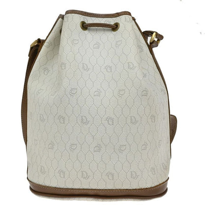 Christian DIOR Shoulder Bag Macadam Drawstring White Brown Leather Vintage