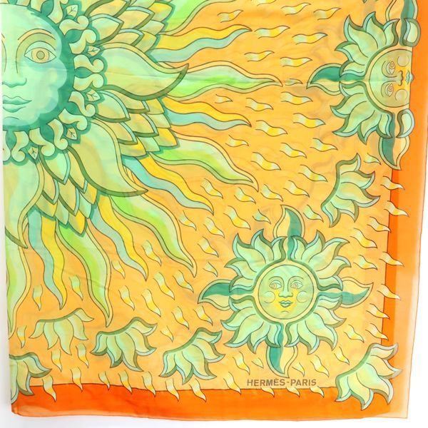 Hermes Pareo Sun Motif 100% Cotton Orange Large Shawl With Box Hermes