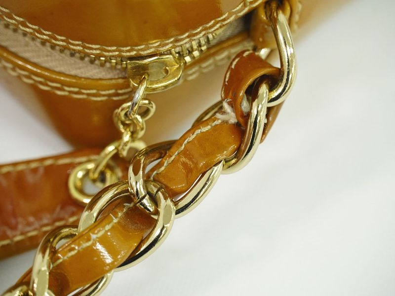 Authentic Chanel Coco Mark Chocolate Bar Chain Handbag Patent Leather Beige