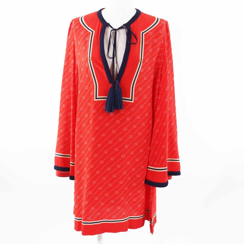 Gucci 661958 100% Silk GG Diagonal Flared Sleeve Tunic Dress With Fringe