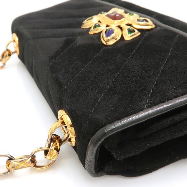 Chanel Chain Shoulder Gripoix 1993? Suede Black Chevron Chanel