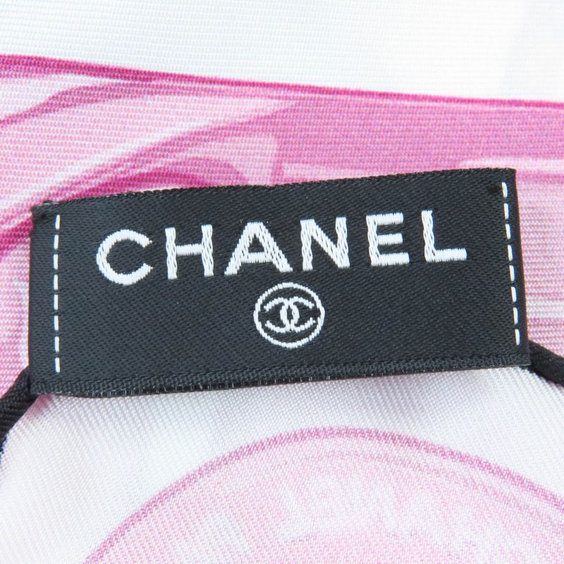 CHANEL 100% Silk Coco Mark Chain Belt Pattern Scarf White Pink With Box Made In