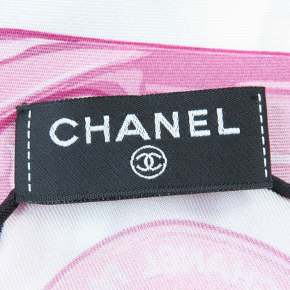 CHANEL 100% Silk Coco Mark Chain Belt Pattern Scarf White Pink With Box Made In
