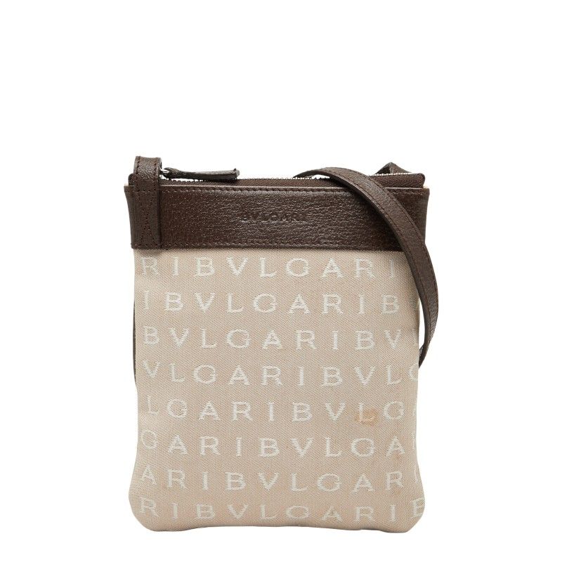 Bulgari Logomania Pochette Shoulder Bag Beige Brown Canvas Leather Women Bvlgari