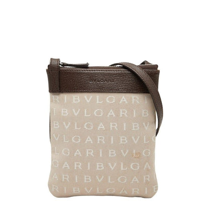Bulgari Logomania Pochette Shoulder Bag Beige Brown Canvas Leather Women Bvlgari