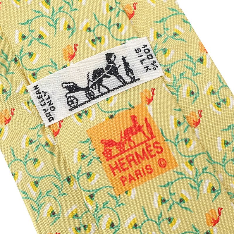 Hermes Tie Botanical Pattern 9cm (3.54in) Silk Yellow and Gmulticolor Yellow