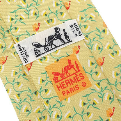 Hermes Tie Botanical Pattern 9cm (3.54in) Silk Yellow and Gmulticolor Yellow