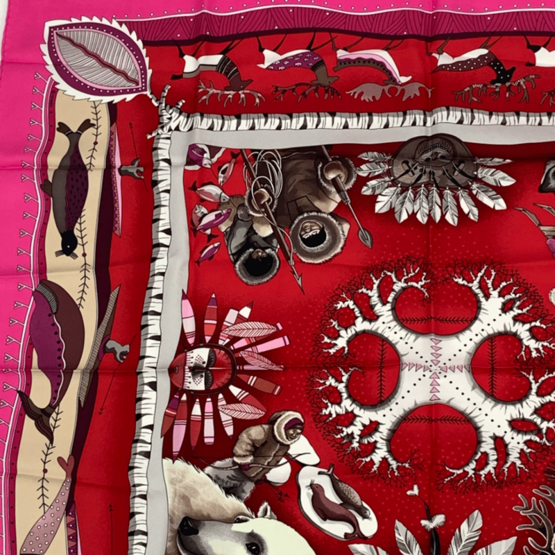 Hermes Carre 90 LA VIE DU Grand NORD Arctic Life Pink Scarf Silk