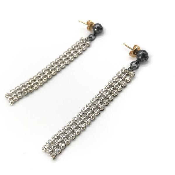 Chanel CC Logo Fringe Line Stone Earrings Black Silver