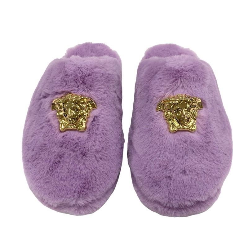 Versace Flat Shoes Fur Light Purple Gold Unused Mule Slippers