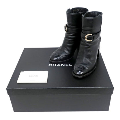 Chanel Ankle Boots 34 1 2C Black G38064 Leather Patent CC Mark Shoes