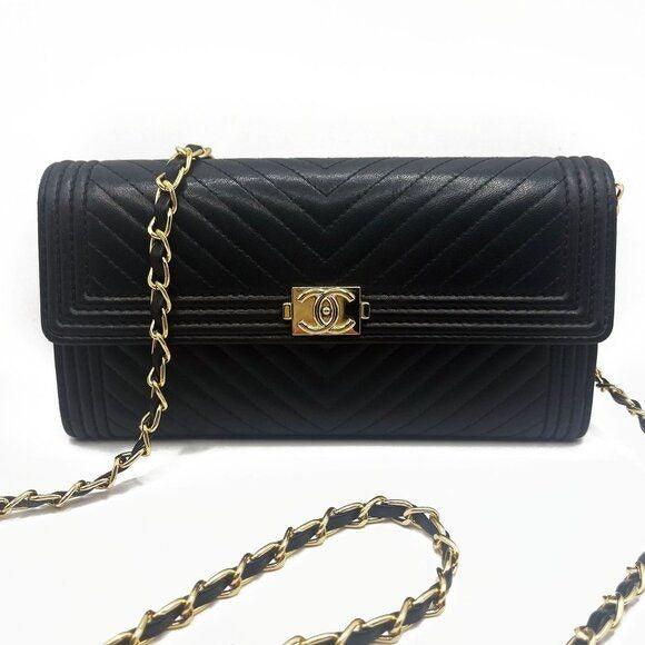 Authentic CHANEL Boy CC Chevron Flap Lambskin Wallet Chain Shoulder Crossbody - The Reluxe