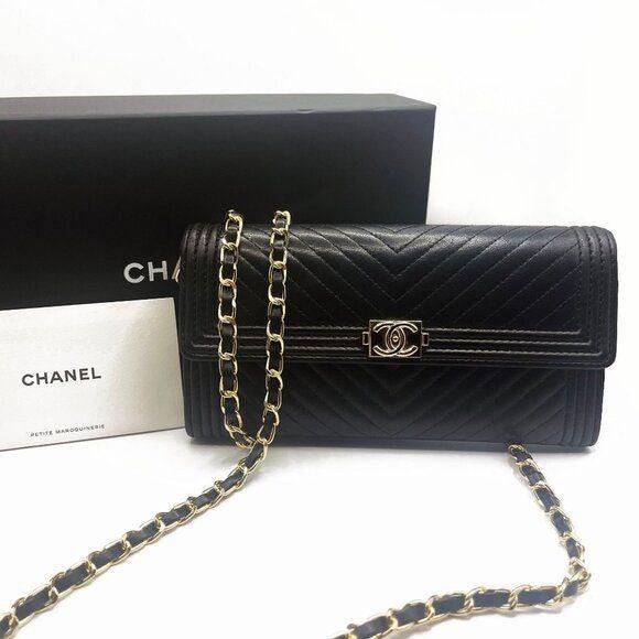 Authentic CHANEL Boy CC Chevron Flap Lambskin Wallet Chain Shoulder Crossbody - The Reluxe