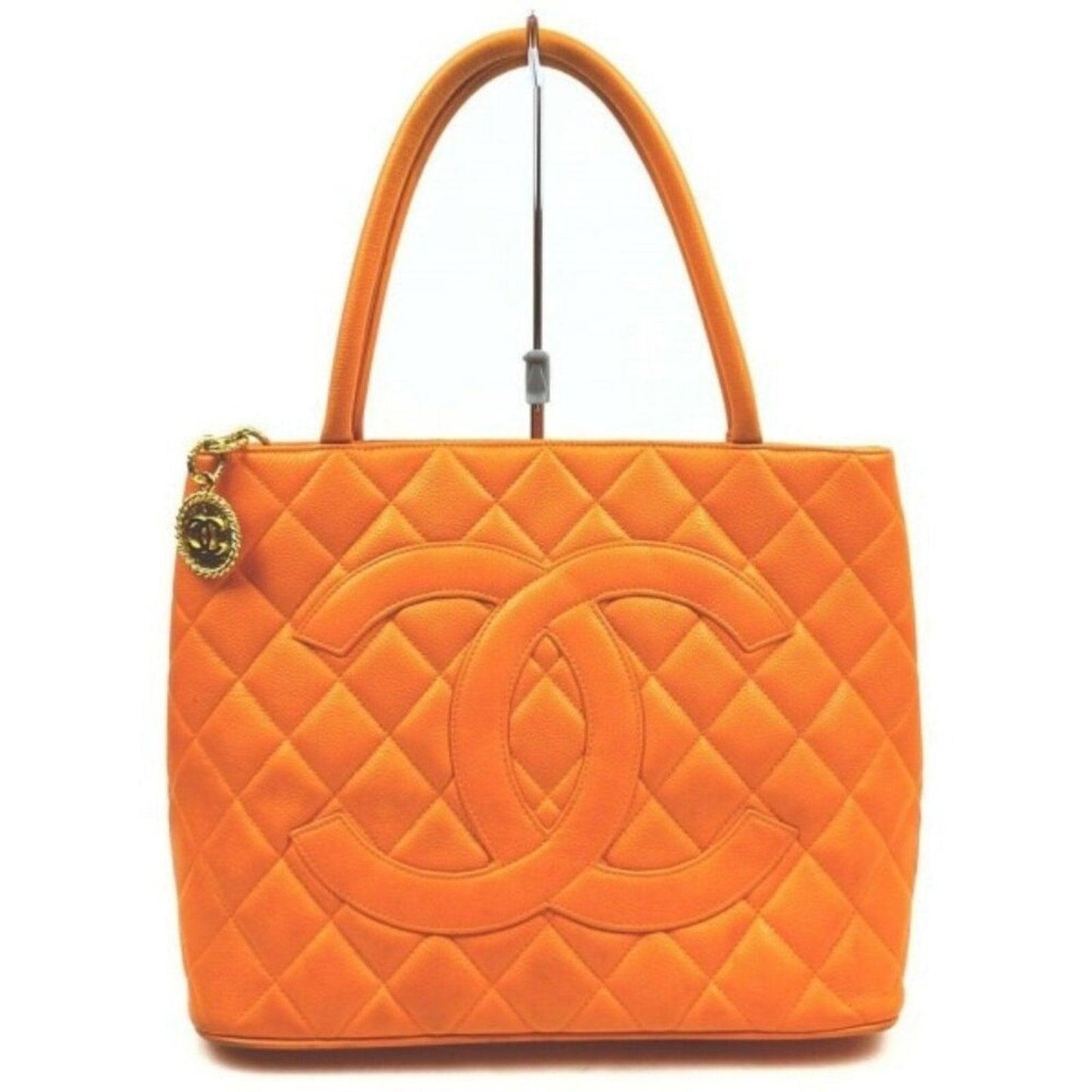 Authentic Chanel Caviar Leather Medallion Tote Quilted Shoulder Bag Orange - The Reluxe