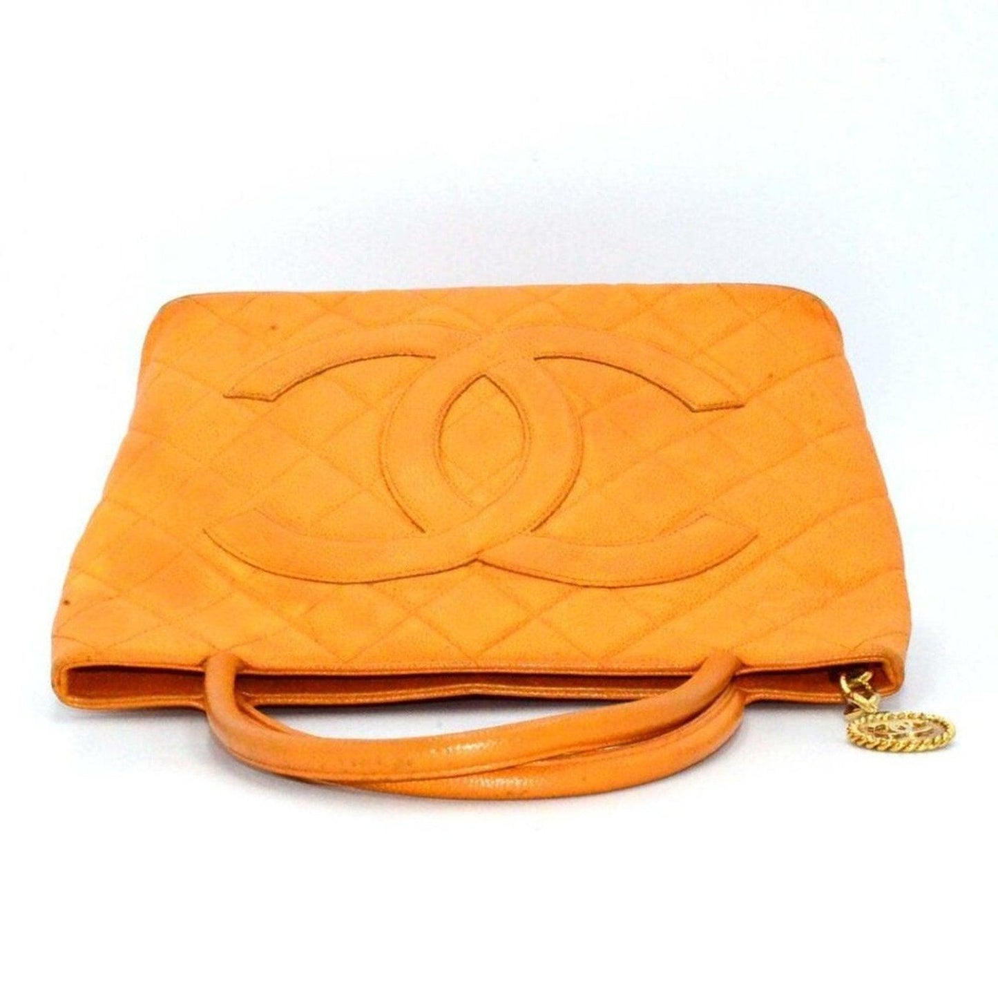 Authentic Chanel Caviar Leather Medallion Tote Quilted Shoulder Bag Orange - The Reluxe