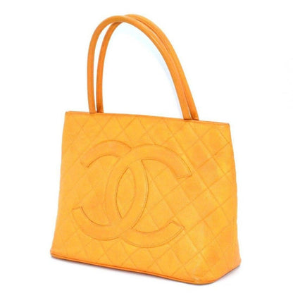 Authentic Chanel Caviar Leather Medallion Tote Quilted Shoulder Bag Orange - The Reluxe